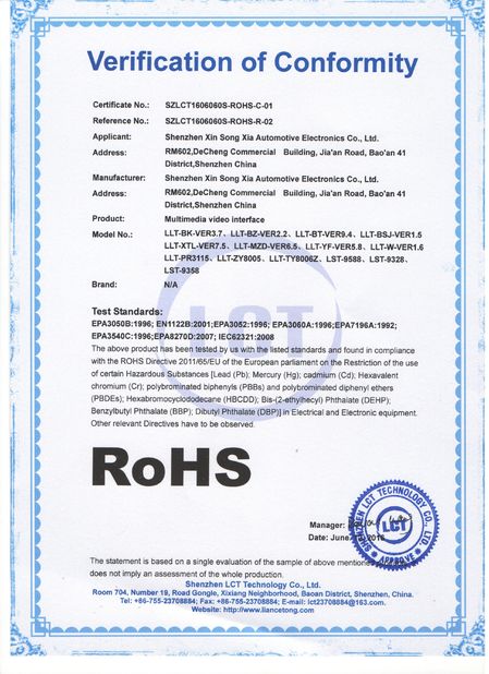 China Shenzhen Xinsongxia Automobile Electron Co.,Ltd Certificações