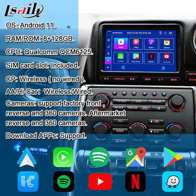 Lsailt Android Multimédia Interface para GT-R GTR R35 2011-2016 Interface Carplay sem fio Inclui YouTube, GPS,8+128 GB