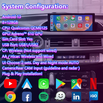 Interface de vídeo de navegação Android para Lexus CT 200h FSport 2017-2022